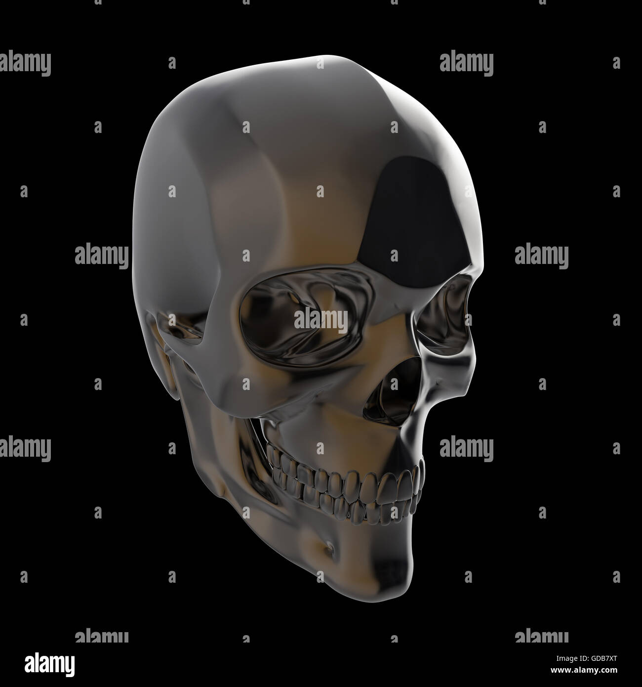 dark shiny polished metal skull render isolated on black background s Stock Photo