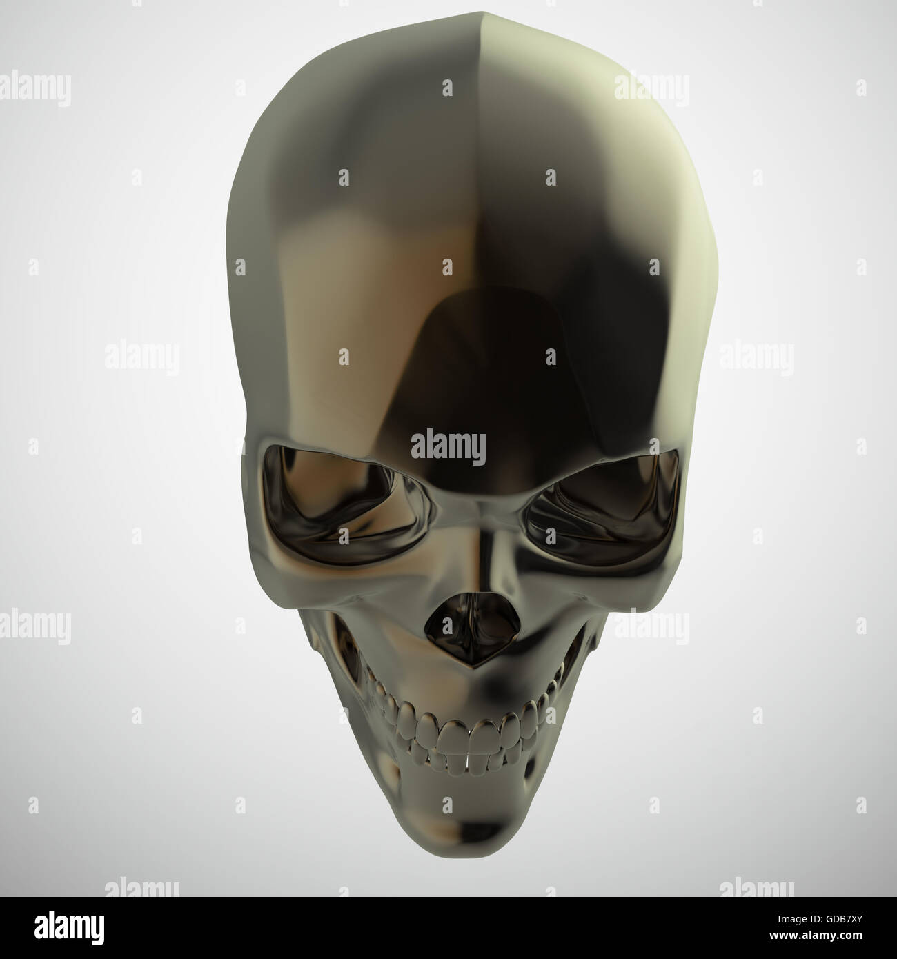 dark shiny polished metal skull render isolated on black background s Stock Photo