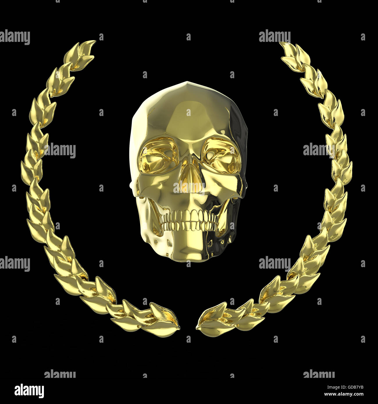 golden skull surrounded with goldel laurel leaves isolated on black background rendering Stock Photo