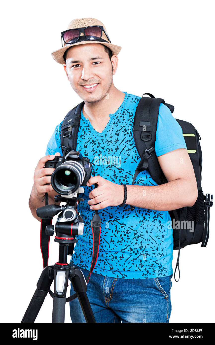 Happy 1 Indian Man Photographer Camera Clicking Picture Hobby Stock Photo