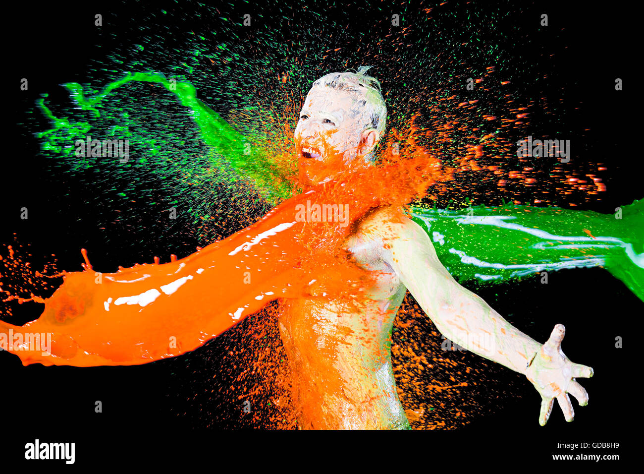 Shouted 1 Indian Man Throwing Paint Water Indian Flag Colour Stock Photo