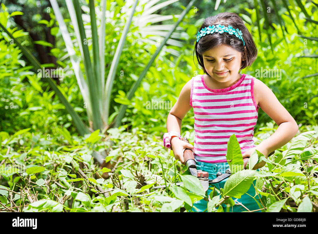 1 indian Kid girl park Scissors Cutting Plant Stock Photo