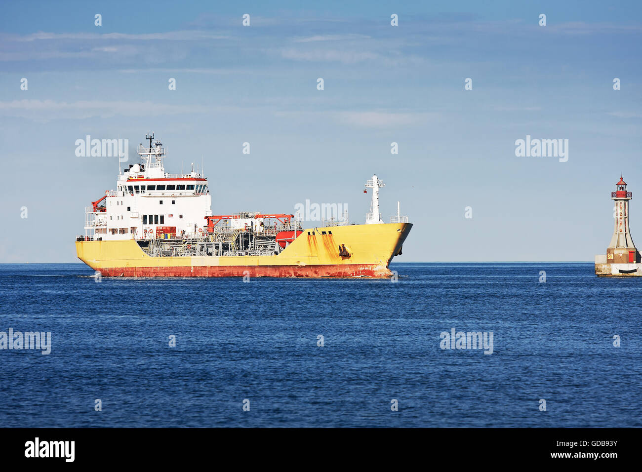 Tanker ship  entering the port Stock Photo