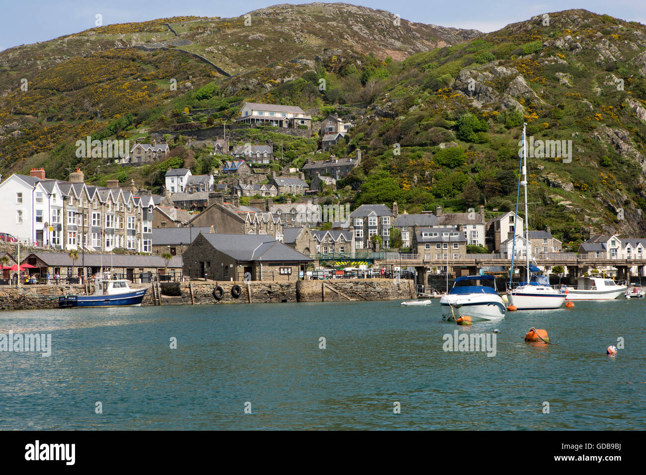 UK, Wales, Gwynedd, Barmouth, boats moored in the harbour Stock Photo
