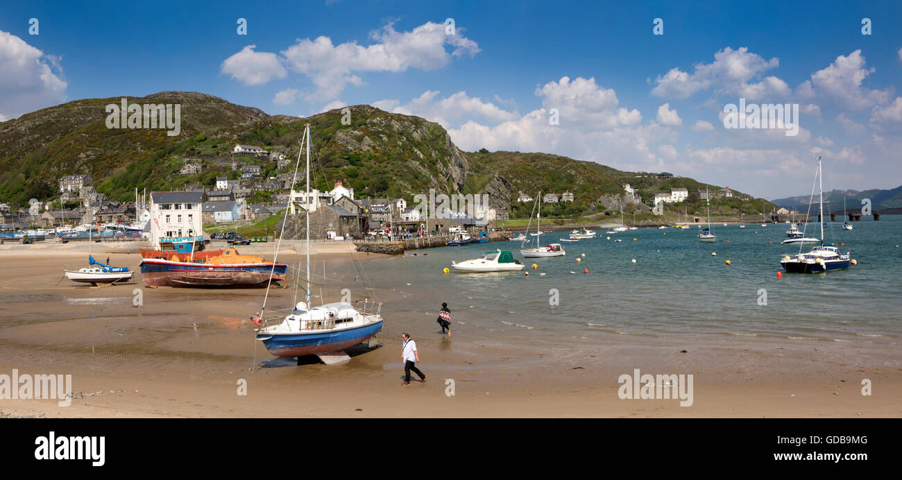 UK, Wales, Gwynedd, Barmouth, harbour, panoramic view from Ynys Brawd Stock Photo