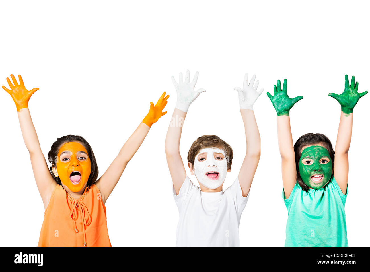 3 indians Kids friends Independence Day face paint Standing shouting Stock Photo