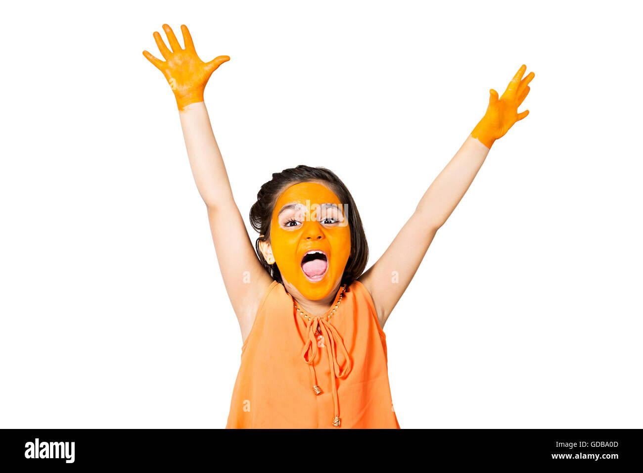 1 indian Kid girl Day face paint Standing shouting Stock Photo