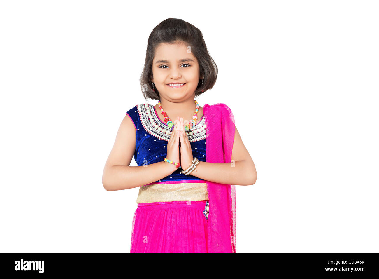 1 indian Kid girl Diwali Festival Joined Hands Welcome Stock Photo