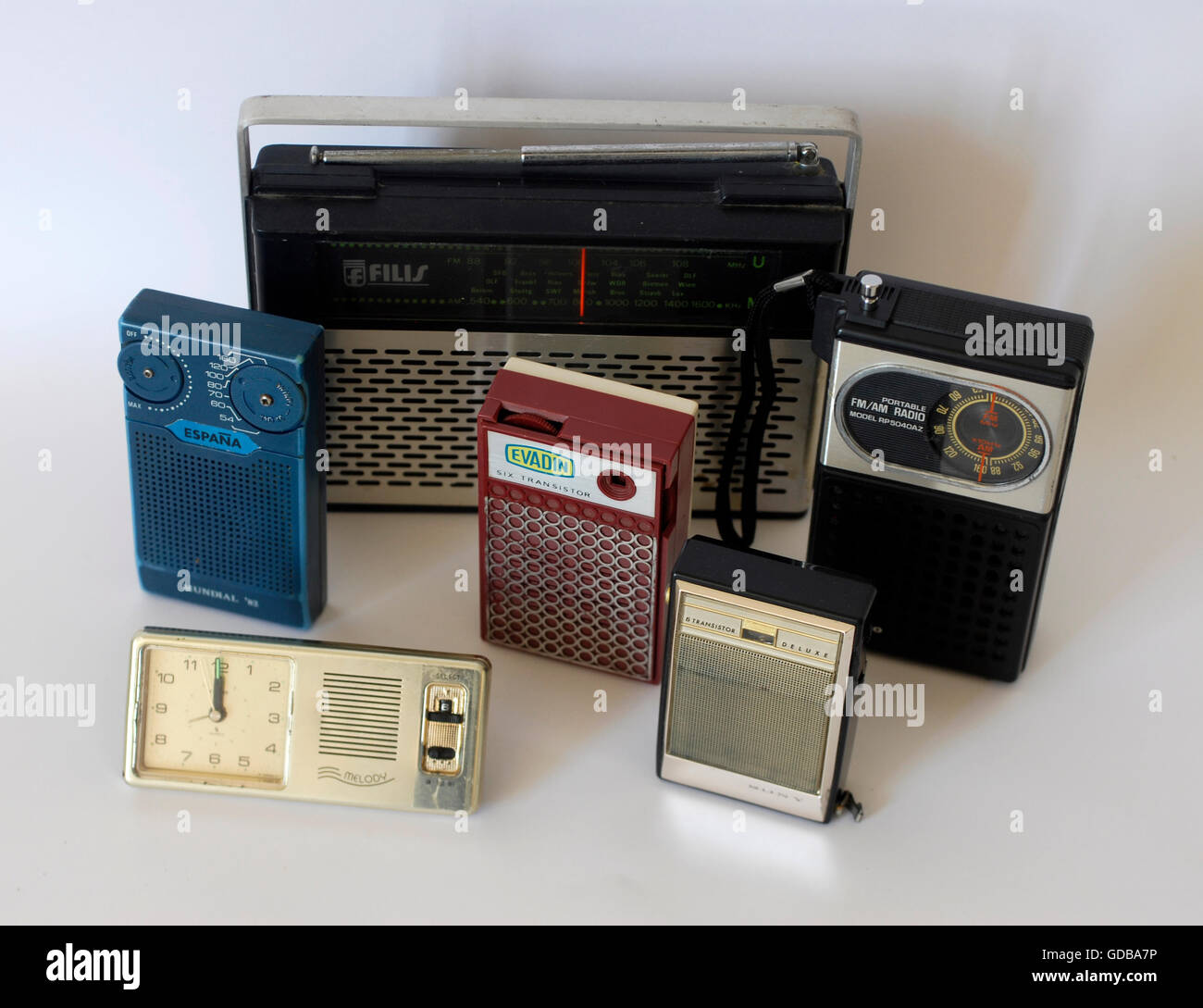 Old Radio Transistor different Brands Vintage Retro Stock Photo