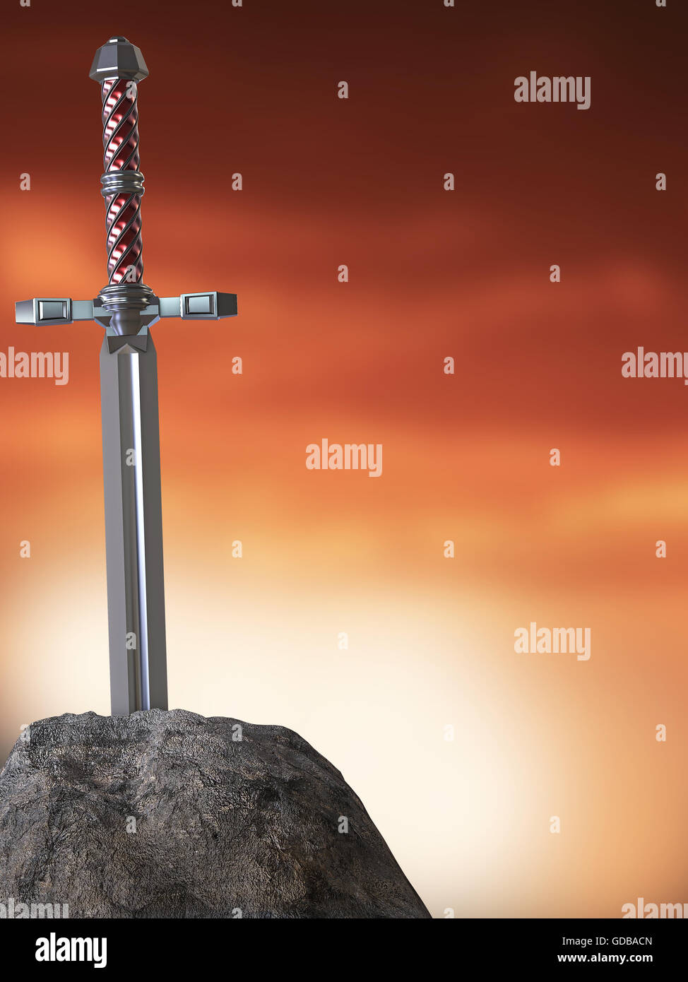 sword excalibur  King Arthur stuck in the rock stone isolated render. metaphor of candidate applicant test Stock Photo