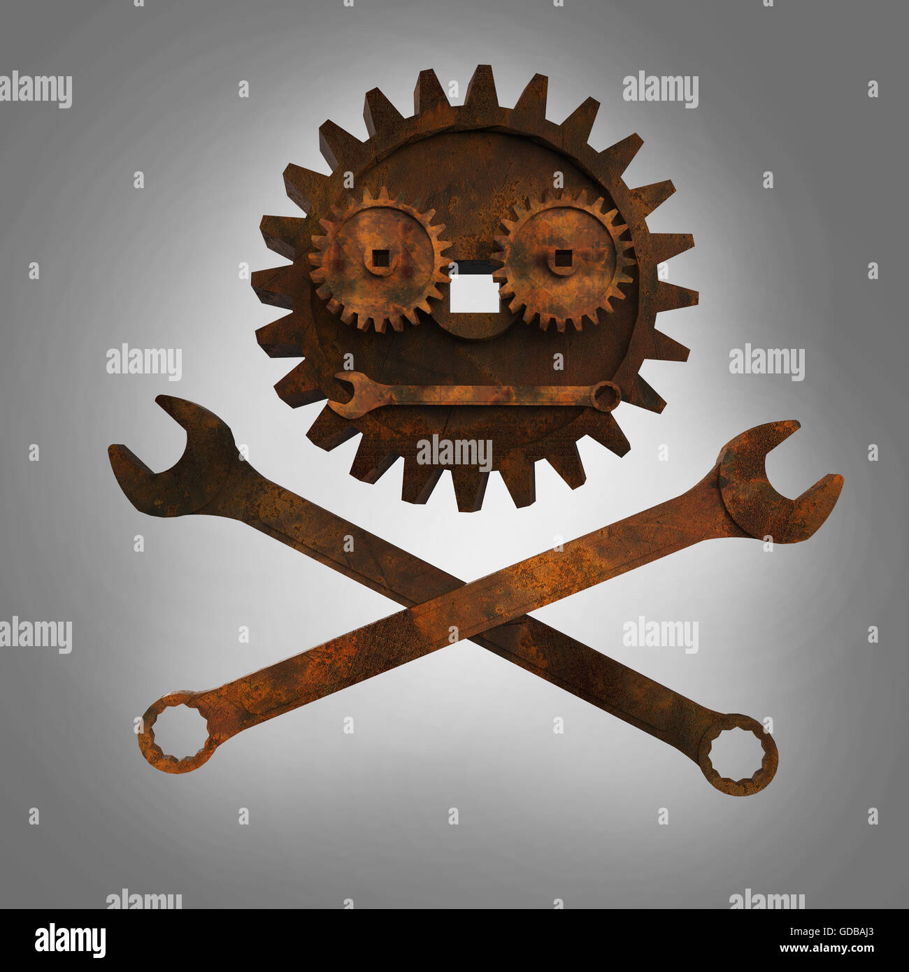 Jolly rodger made of rusty wrenches and gearwheels, fallout post