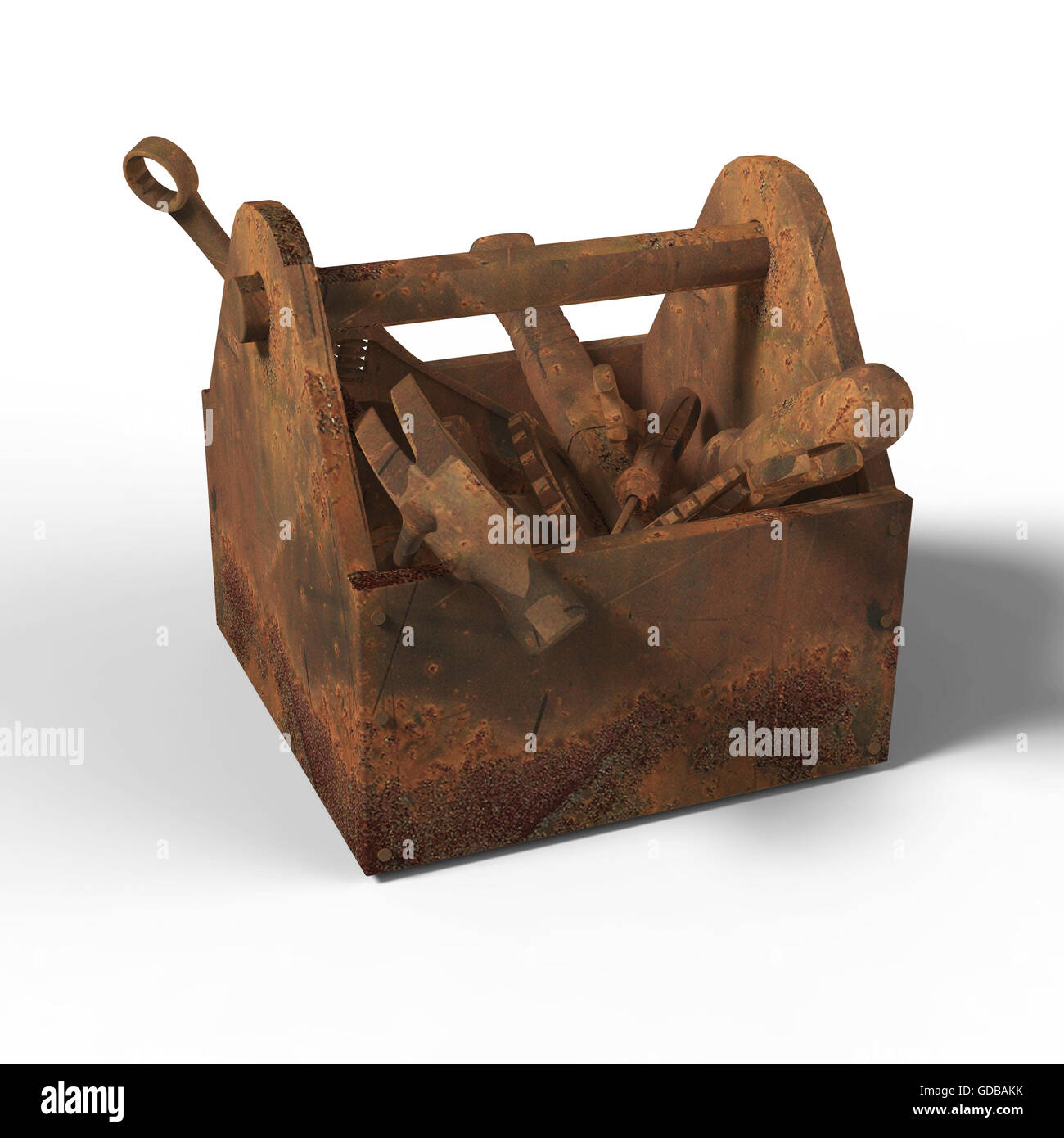 stained wornout toolbox with rusty tools, wrench, spanner, hammer