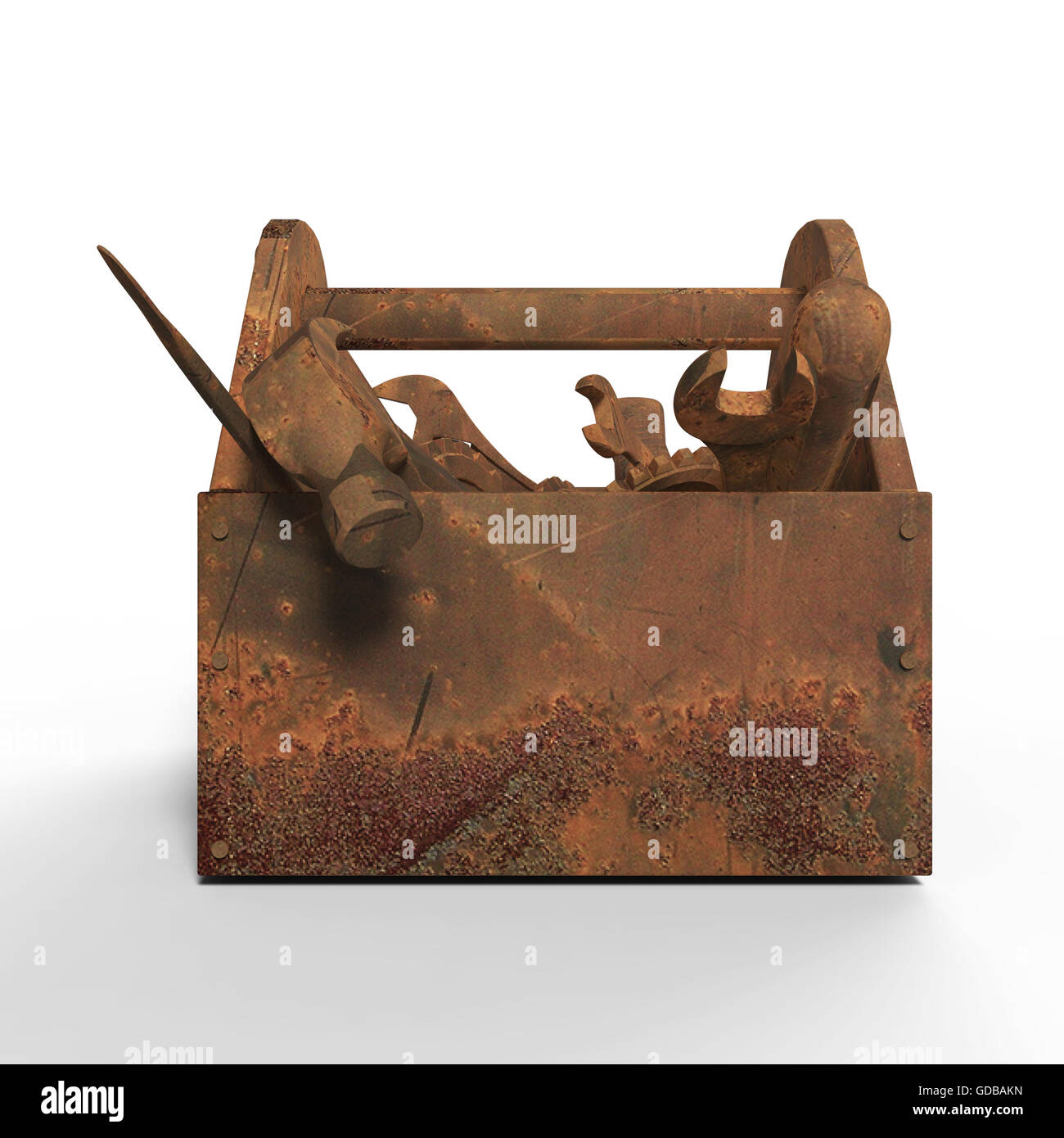 Badly Rusted Tools stained worn-out toolbox with rusty tools, wrench, spanner, hammer ...