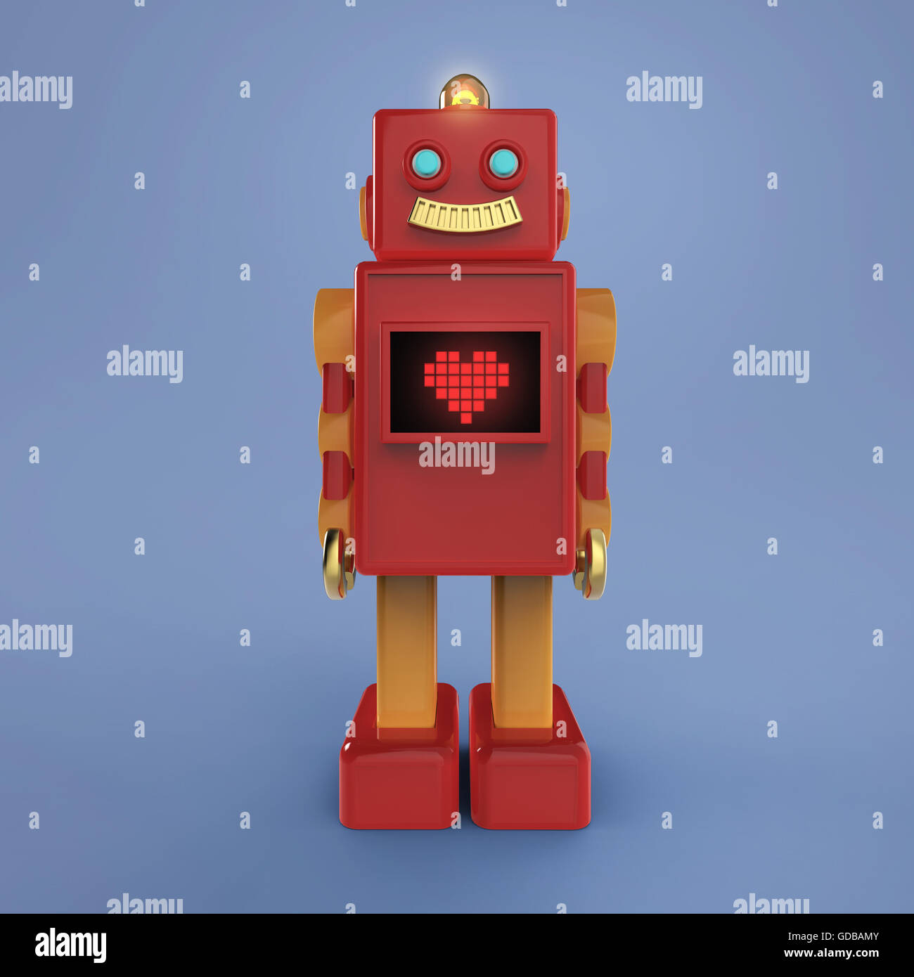 Red cute vintage robot with shiny light bub and screen pixel heart icon ...