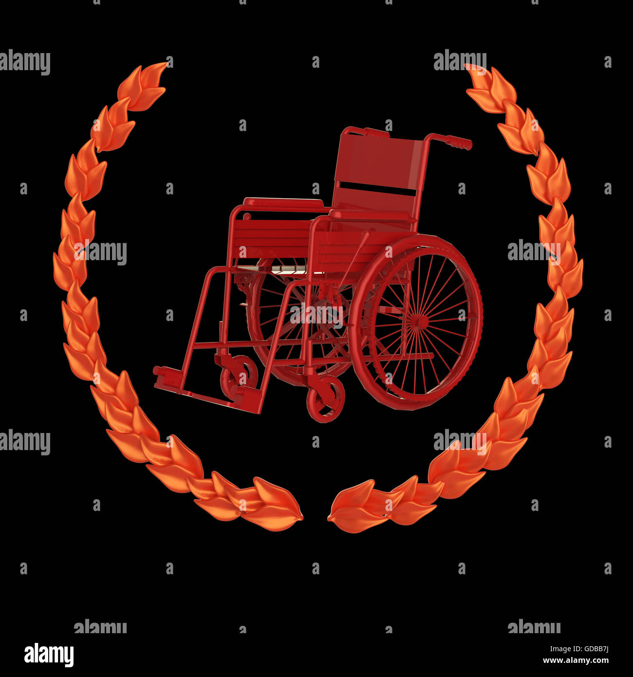 shiny metal wheelchair surrounded with laurel wreath achievement badge rendering Stock Photo