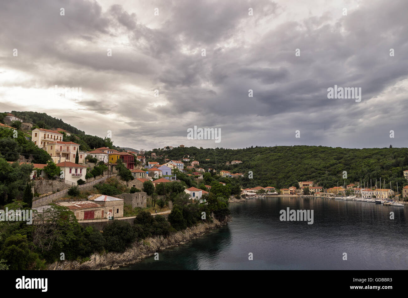 The beautiful gulf of Kioni, Ithaca island, Greece, at dusk Stock Photo