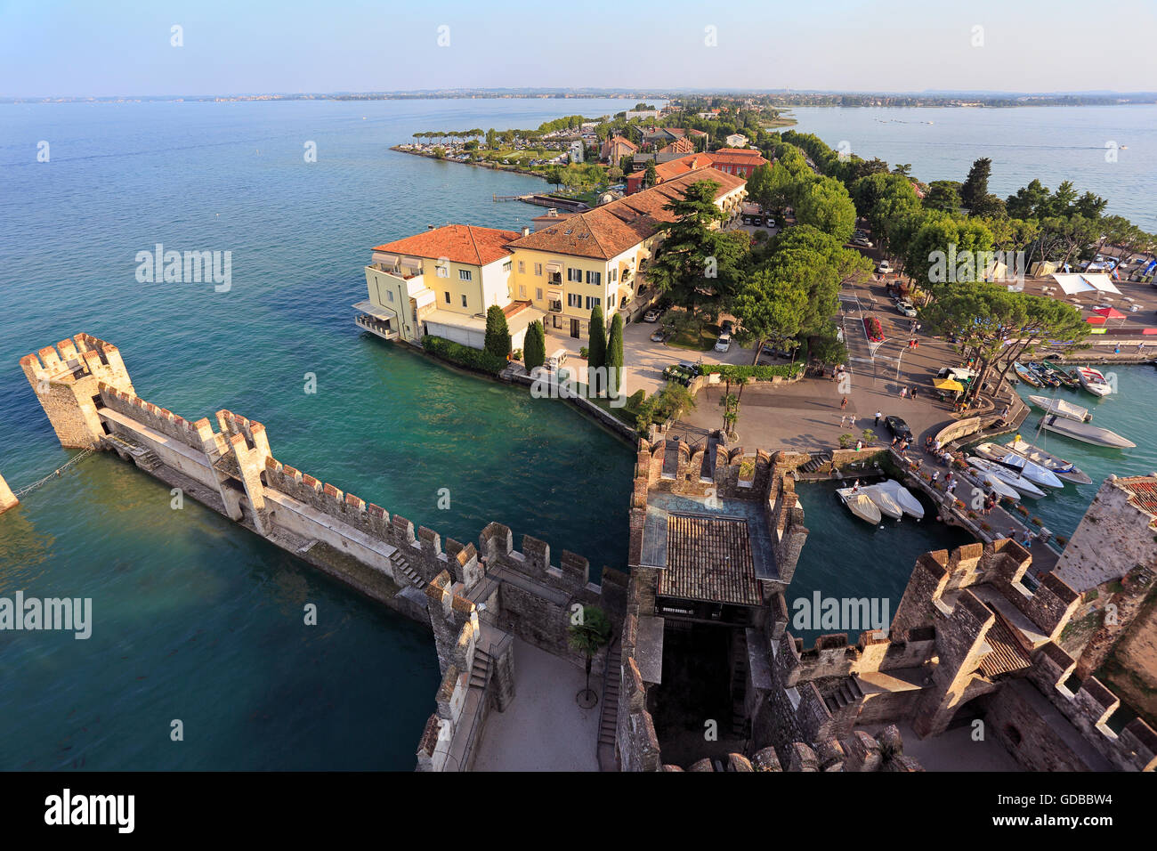 Aerial View of Sirmione from the Scaliger Castle over the Garda Lake, Italy Stock Photo