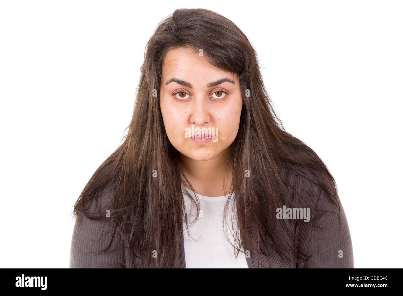 woman messy hair just woke up early isolated on white background Stock Photo