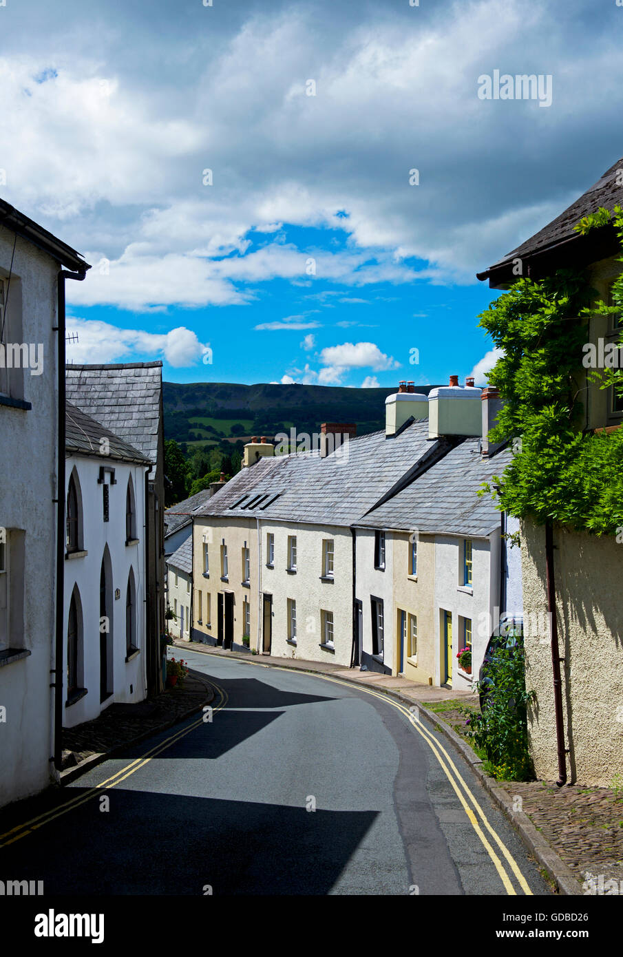 Street of terraced houses in the village of Crickhowell, Powys, Wales UK Stock Photo
