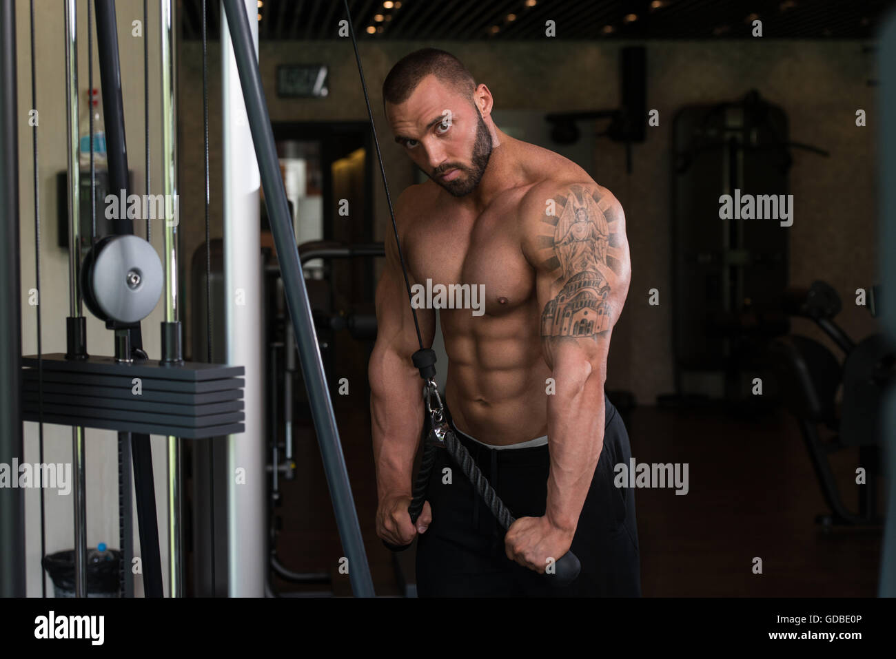 Big Man In The Gym Is Exercising Tricpes On Machine Muscular Athletic Bodybuilder Model