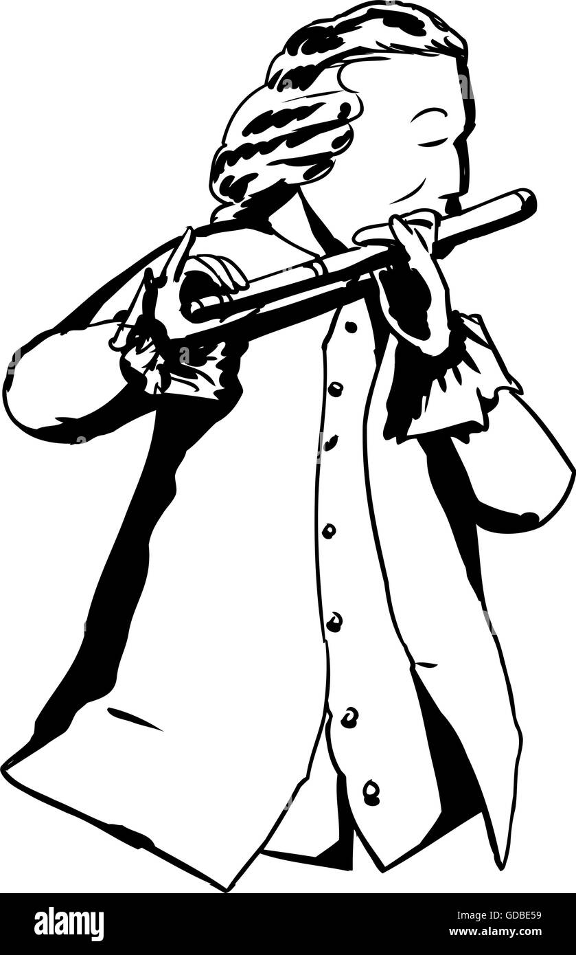 Outline illustration of single man in 18th century clothing and wig playing a flute Stock Vector