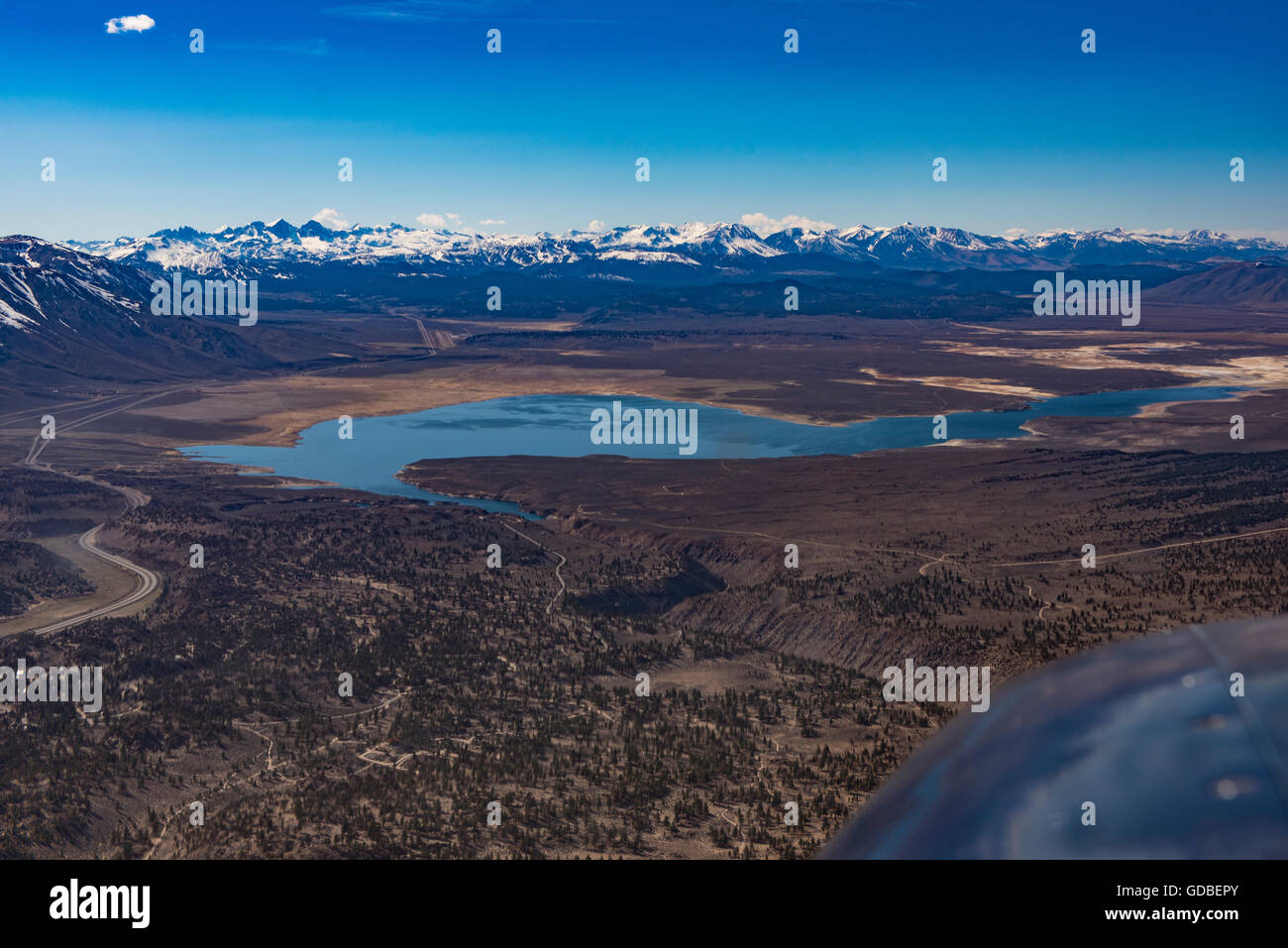 aerial view of Lake Crowley near Mammoth, Owens Valley, California, USA; Sierra Nevada mountains in background Stock Photo