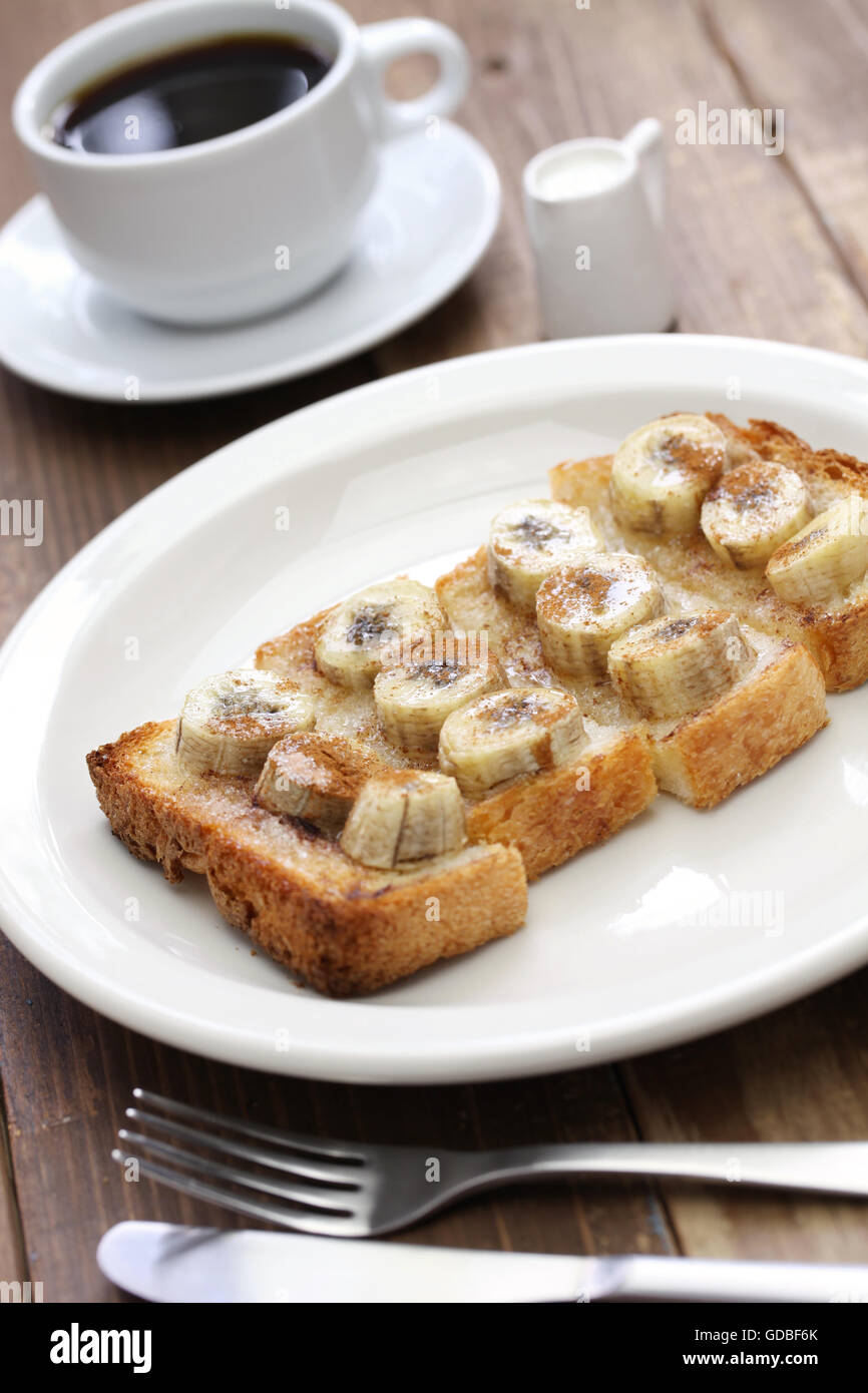 cinnamon sugar banana toast and a cup of coffee Stock Photo