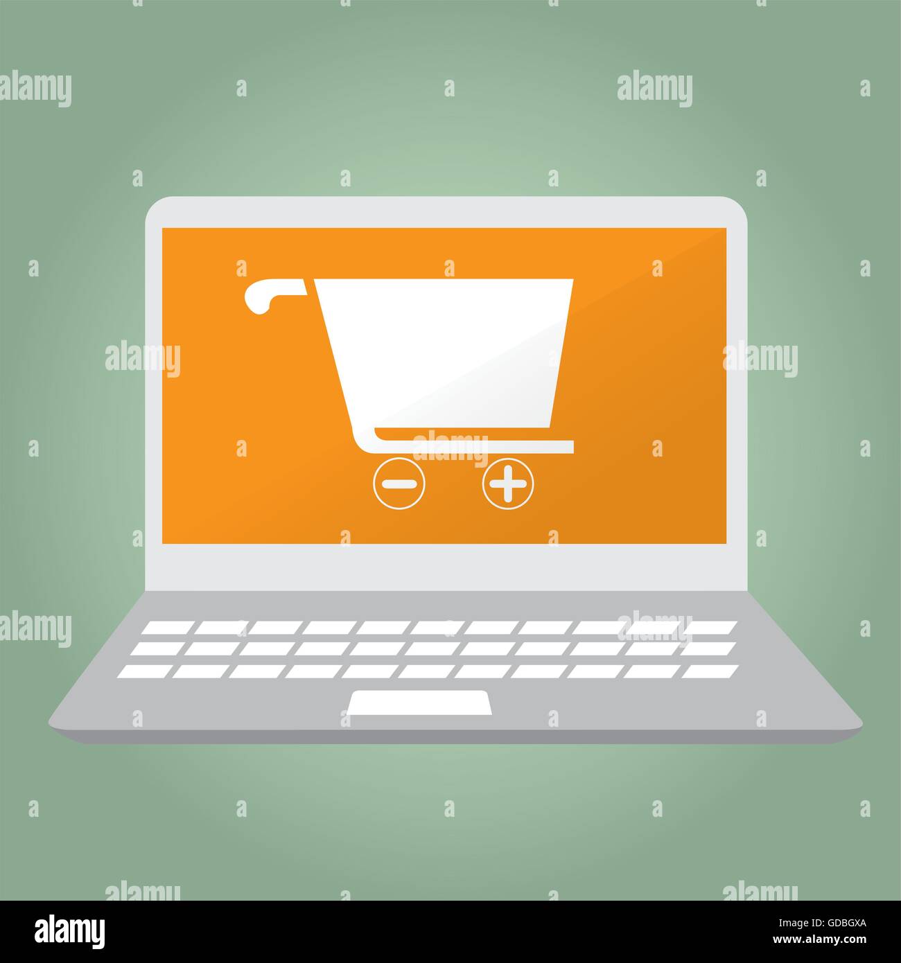Isolated computer with a shopping cart icon on a green background Stock ...