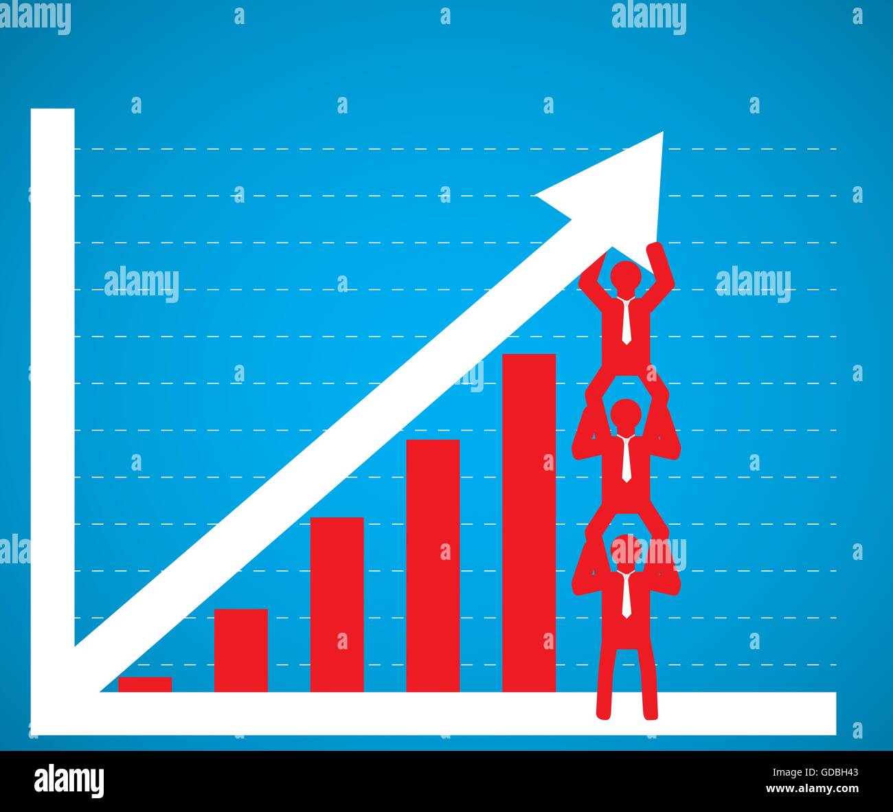 Group of people working together to raise a graph on a blue background ...