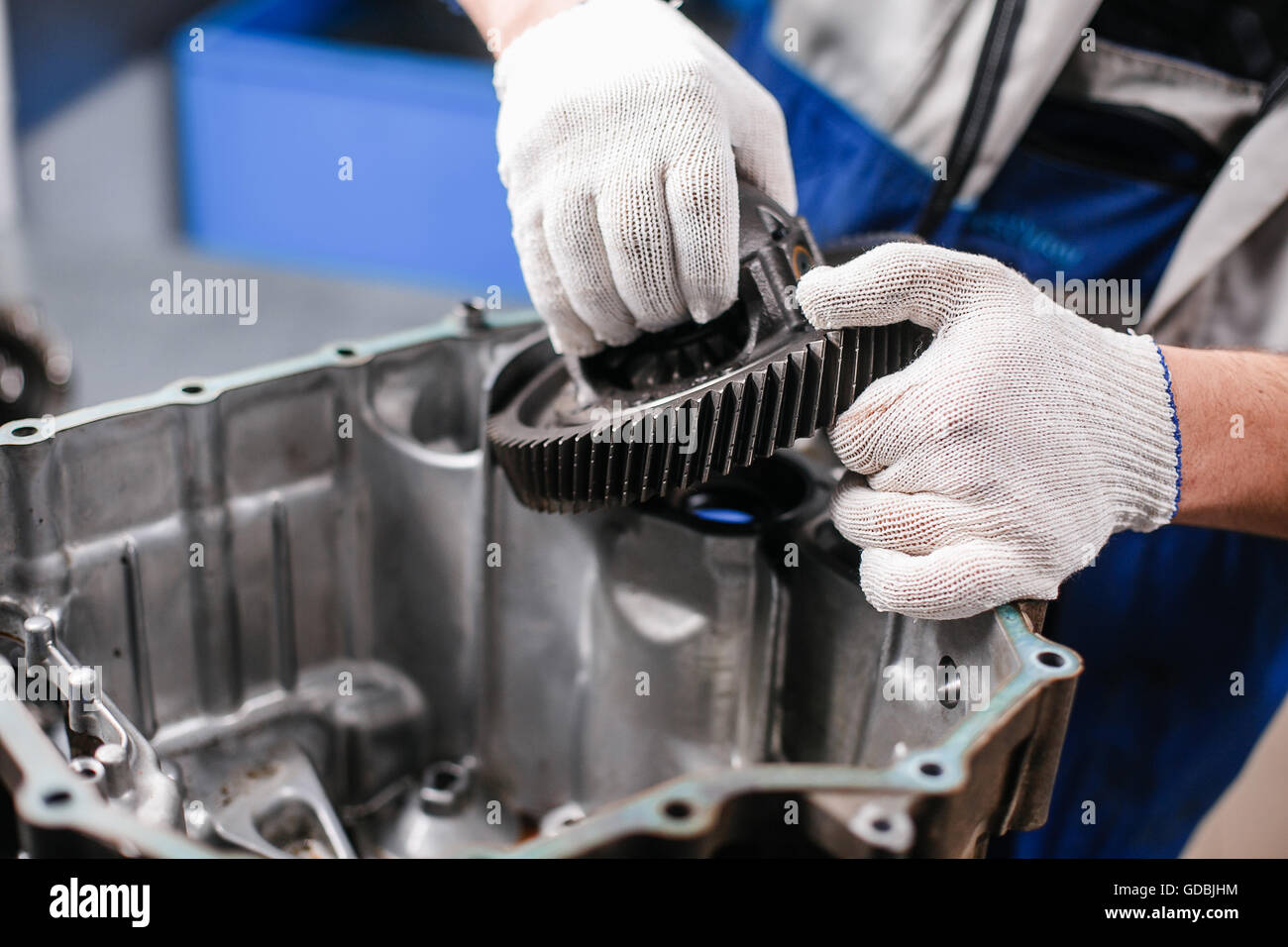Crosssection of a car gearbox. mechanics work in the garage Stock