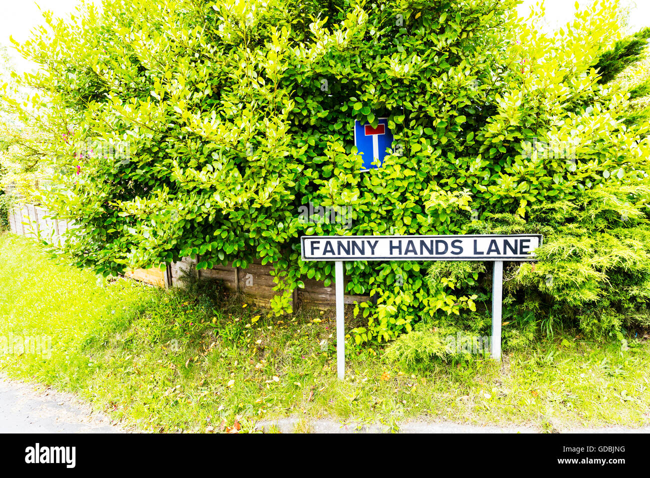 Funny amusing road signs UK sign unusual weird strange Fanny Hands Lane Ludford Lincolnshire UK England names roads words Stock Photo