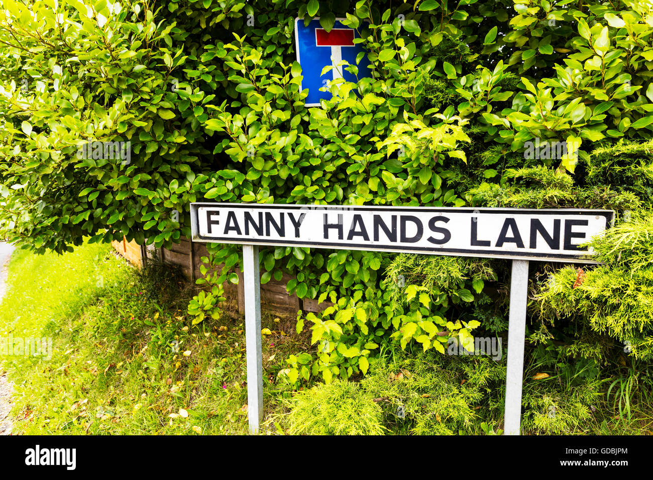 Funny amusing road signs UK sign unusual weird strange Fanny Hands Lane  Ludford Lincolnshire UK England names roads words Stock Photo - Alamy