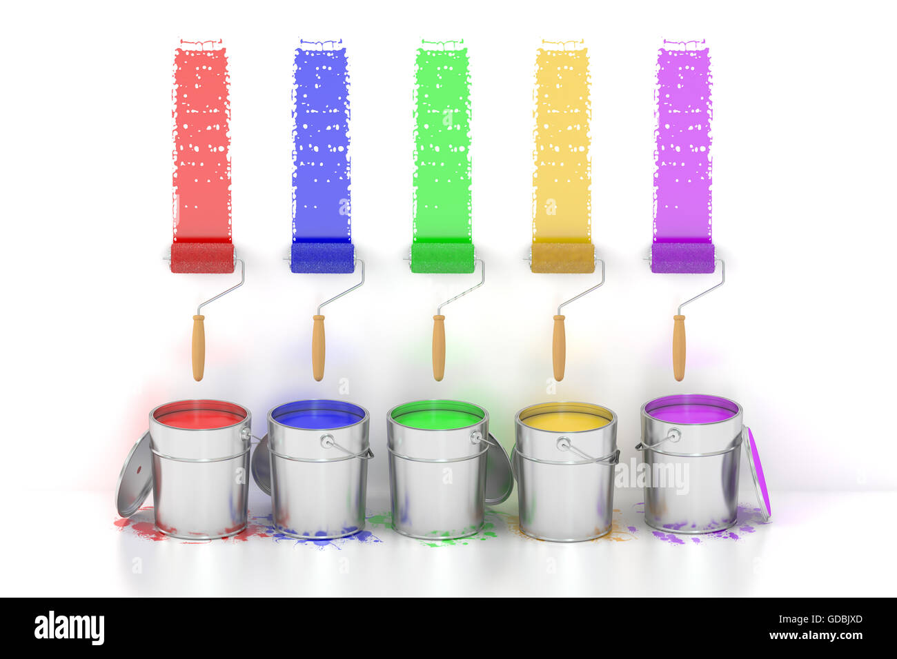 Paint cans and roller brushes. 3D rendering isolated on white ...