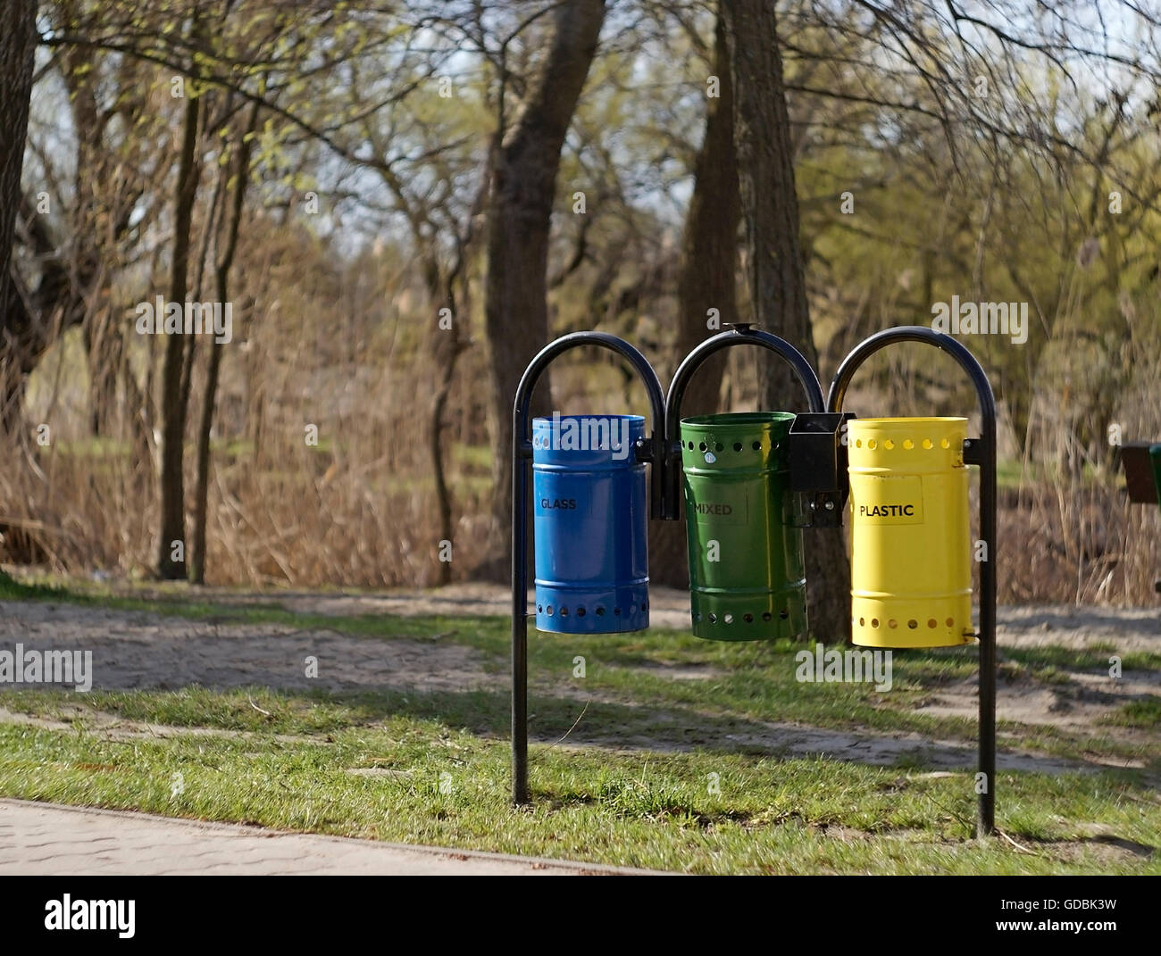 Selective waste bin on a lakeside. Stock Photo