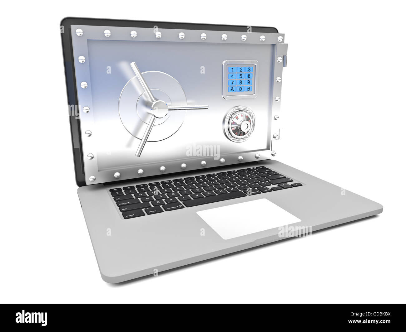 3d image of notebook with safe door on screen Stock Photo Alamy