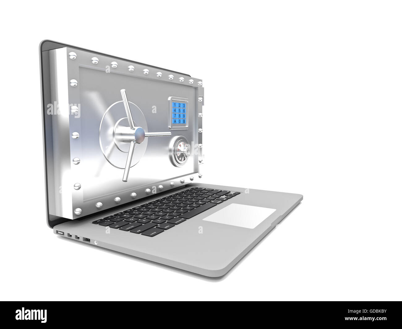 3d image of notebook with safe door on screen Stock Photo Alamy
