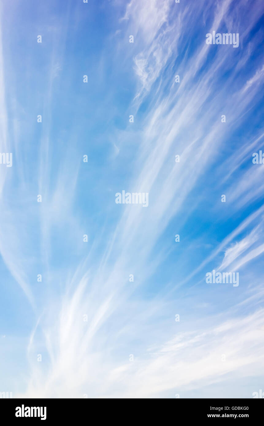 Cirrus clouds, vertical natural blue cloudy sky background photo Stock Photo