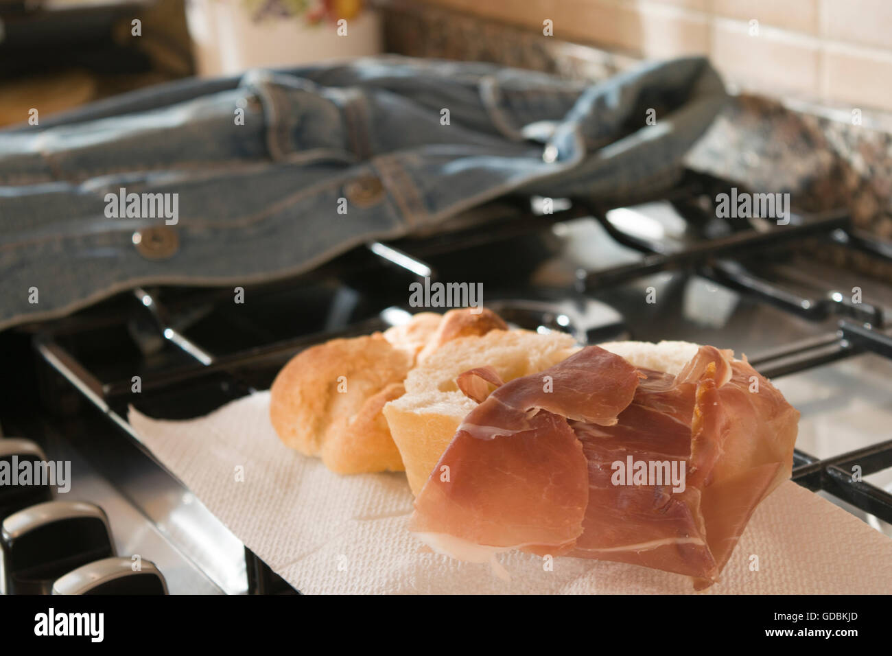 italian rosetta stuffed with cured ham san daniele, Stock Photo