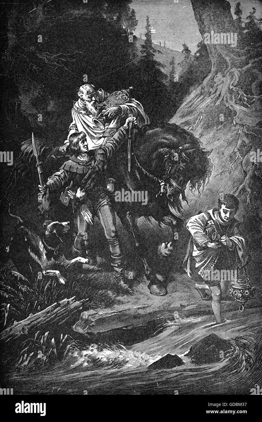 Rudolph I, 1.5.1218 - 15.7.1291, German King 23.10.1273 - 15.7.1291, lends a clergyman his horse to cross the Reuss, illustration to the ballad 'The Count of Habsburg' by Friedrich Schiller, 1803, wood engraving, late 19th century, Stock Photo