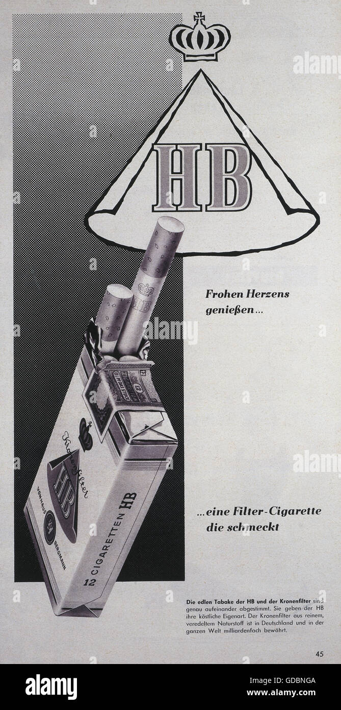 advertising, tobacco, cigarettes, 'HB', advert, September 1957, Additional-Rights-Clearences-Not Available Stock Photo