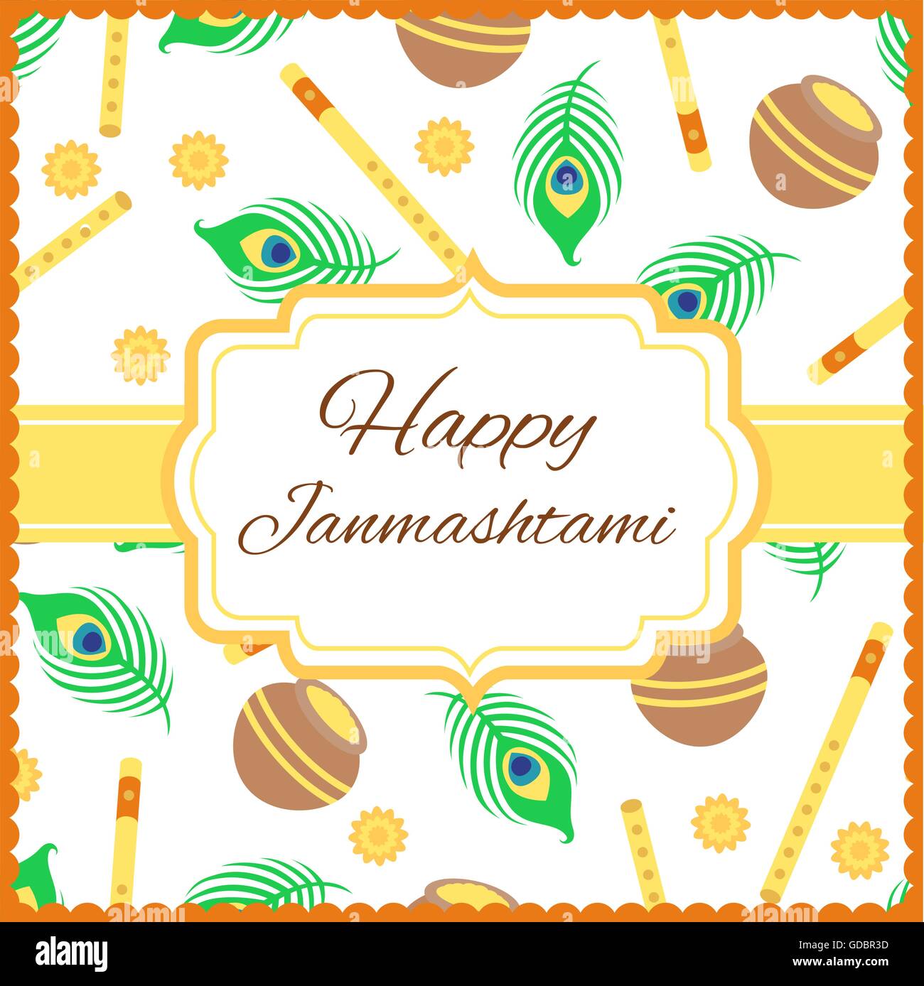 Happy Janmashtami Card With Krishna Flute Isolated On White Stock