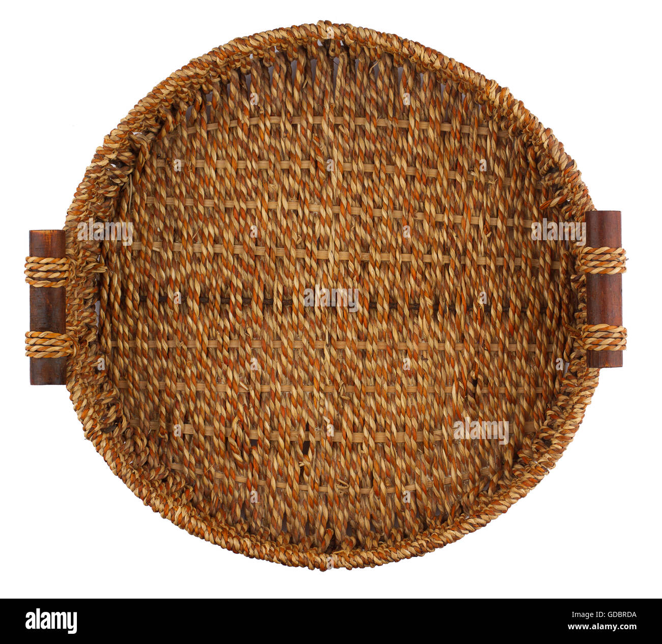 Top view of a large round empty woven wood basket with handles isolated