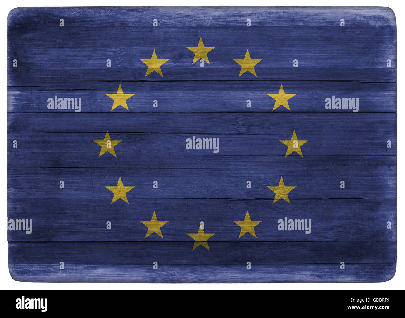 horizontal front view 3d illustration of an European Union flag on wooden textured cooking board Stock Photo