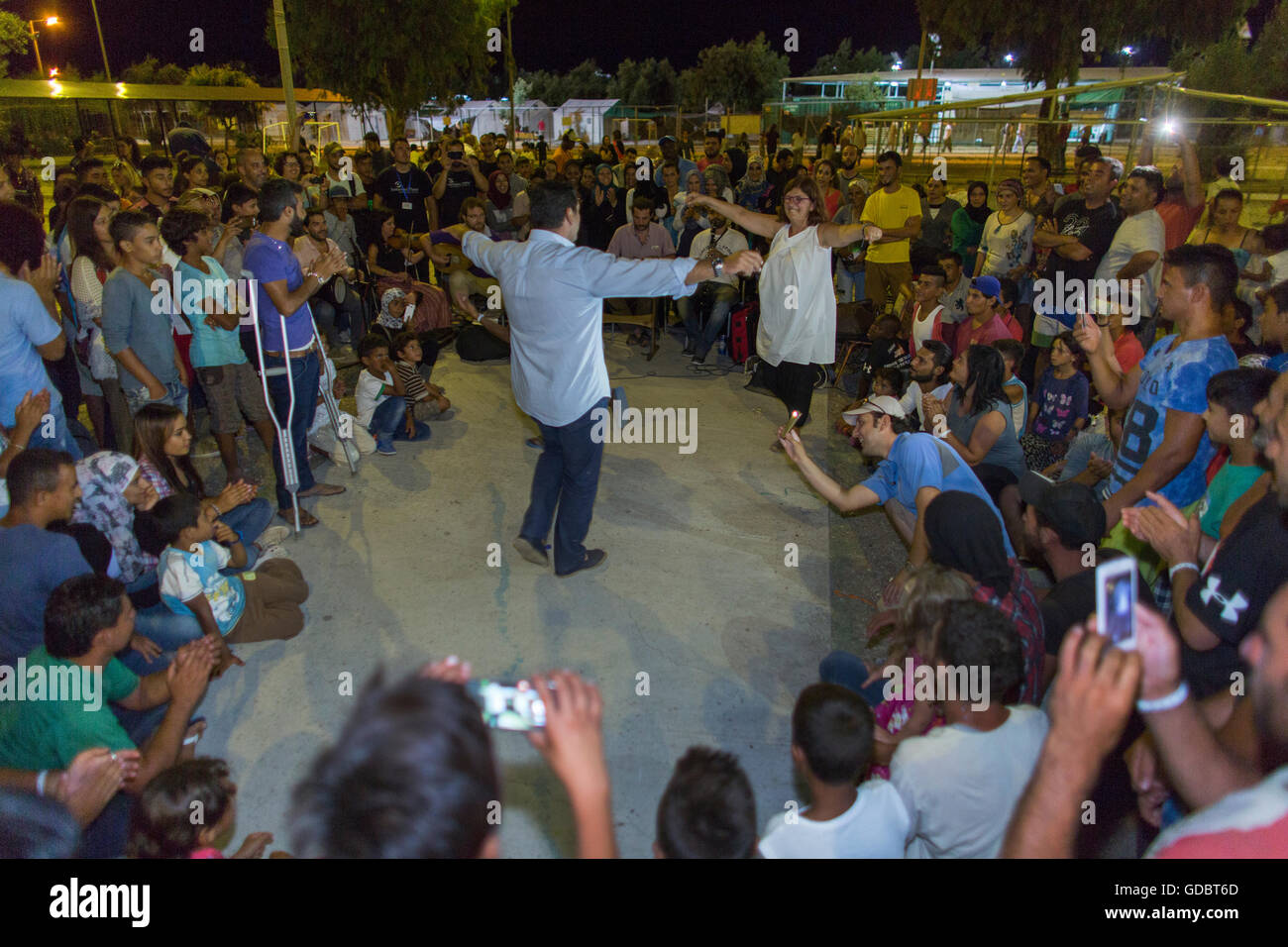 Syrian, Iraqi and Afghan refugees celebrate Eid, the end of Ramadan in Kara Tebe refugee camp, Greece Stock Photo