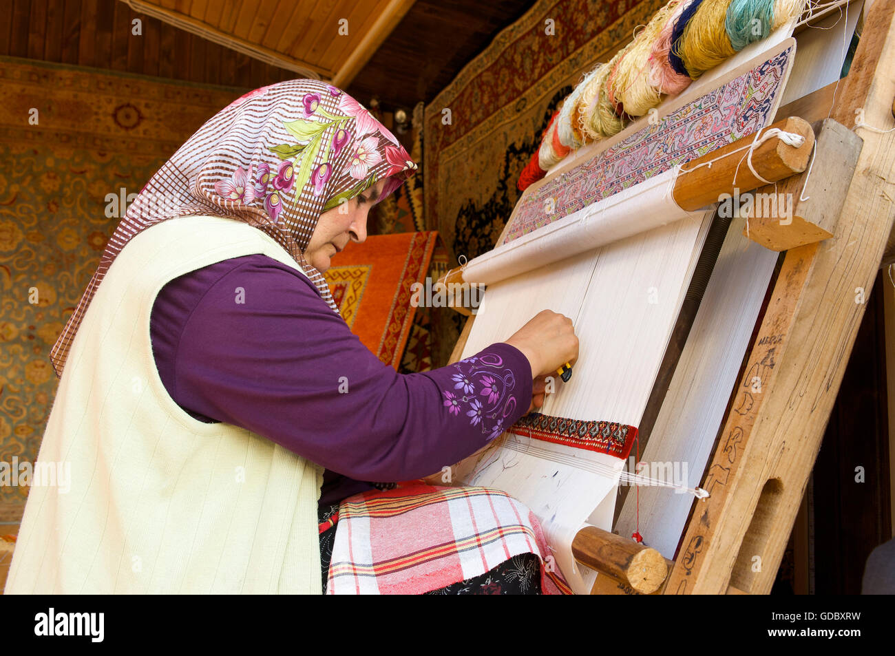 Carpet weaving in Side, Turkey Stock Photo