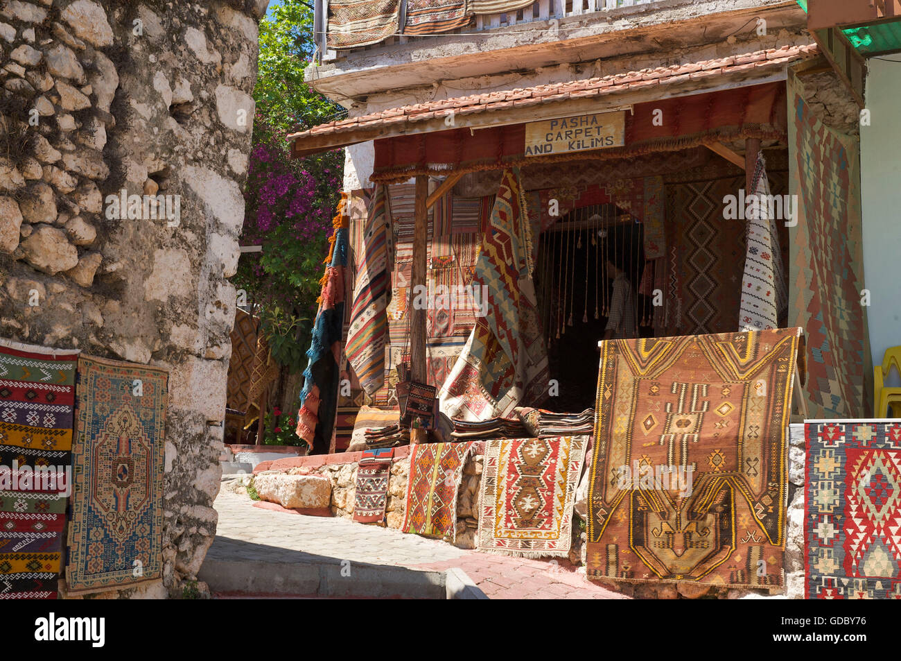 Carpet shop, Ucagiz,  Turkish Riviera, Turkey Stock Photo