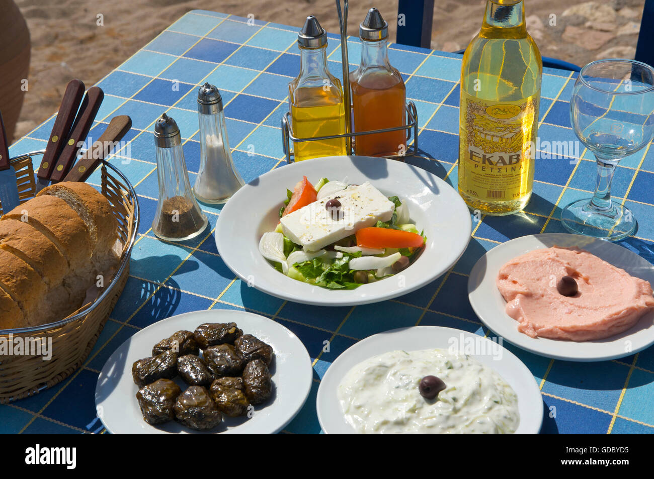 Typical greek food in a tavern in Kato Zakros, Crete, Greece Stock Photo