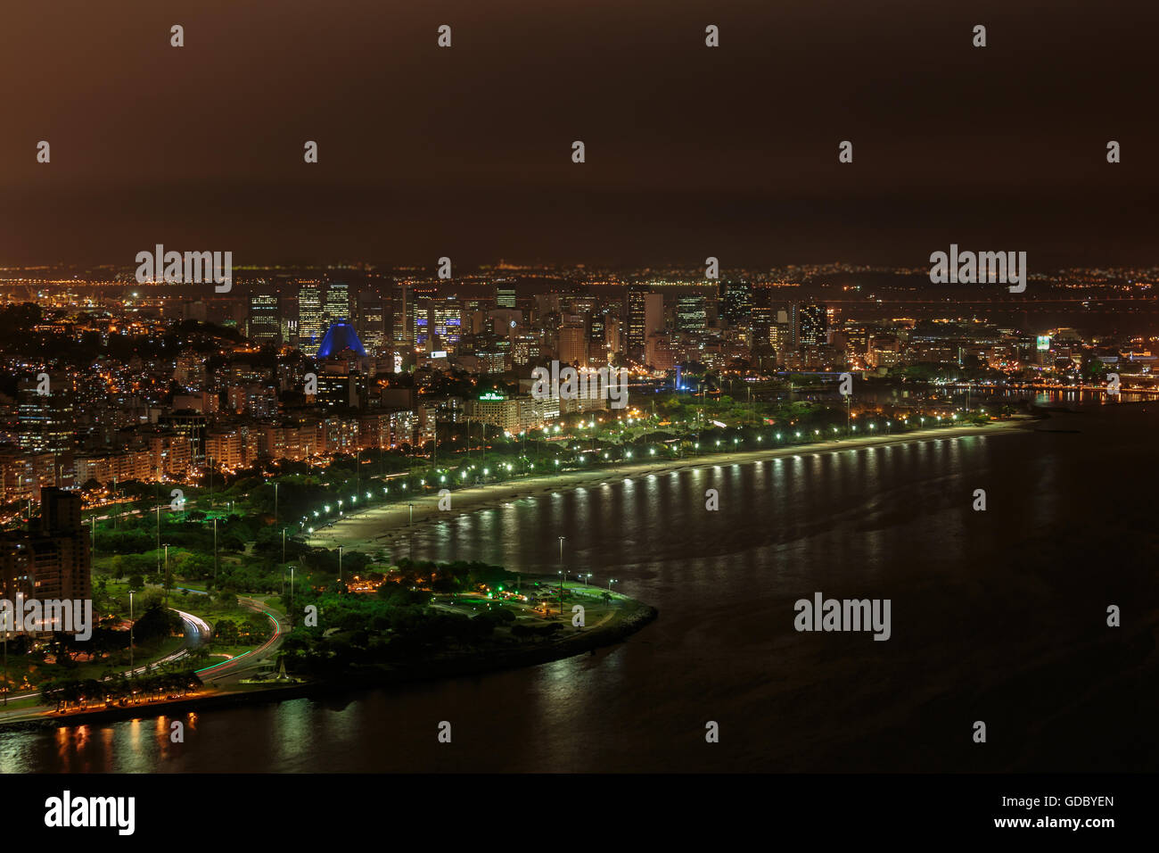 Rio de Janeiro city center with coastline, night view from the Sugar Loaf, November 2015 Stock Photo
