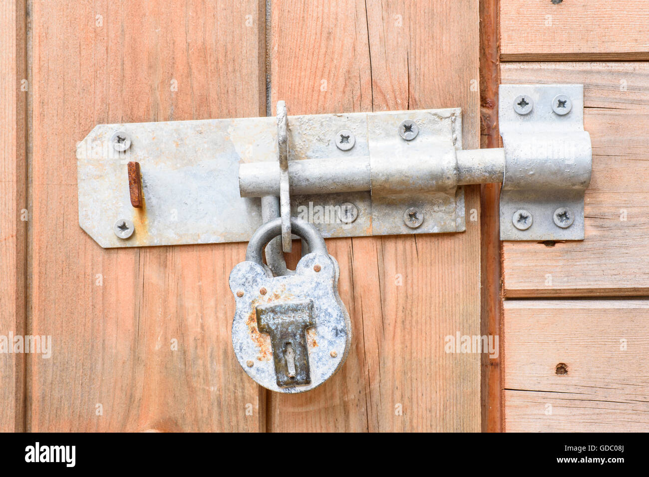 Heavy Duty Bolt And Padlock On A Wooden Shed Door Stock Photo