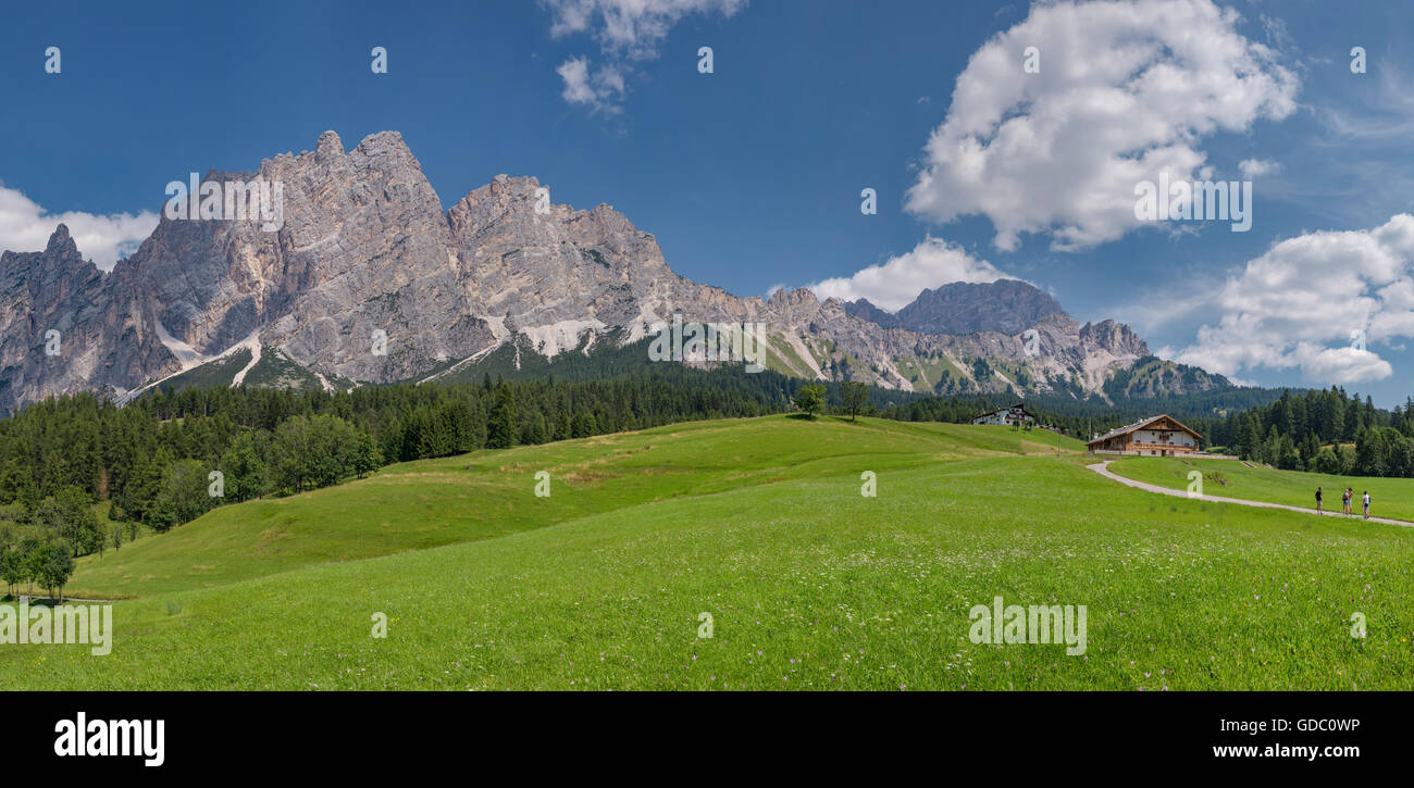 Cortina d’Ampezzo,Italia,Dolomite mountain Pomagagnon,field with a chalet Stock Photo